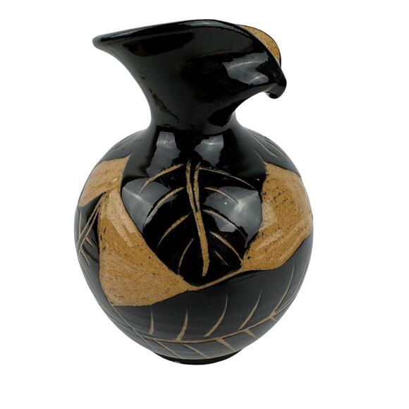 Jamaica Frazer Ceramics Small Round Vase Signed Black Leaf Tulip Style Mouth - Picture 1 of 8